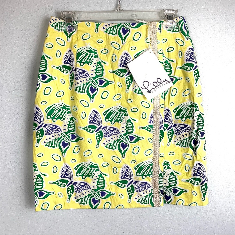 NWT Vintage Lilly Pulitzer White Label Yellow/Blue/Green Butterfly Skirt, Size 8